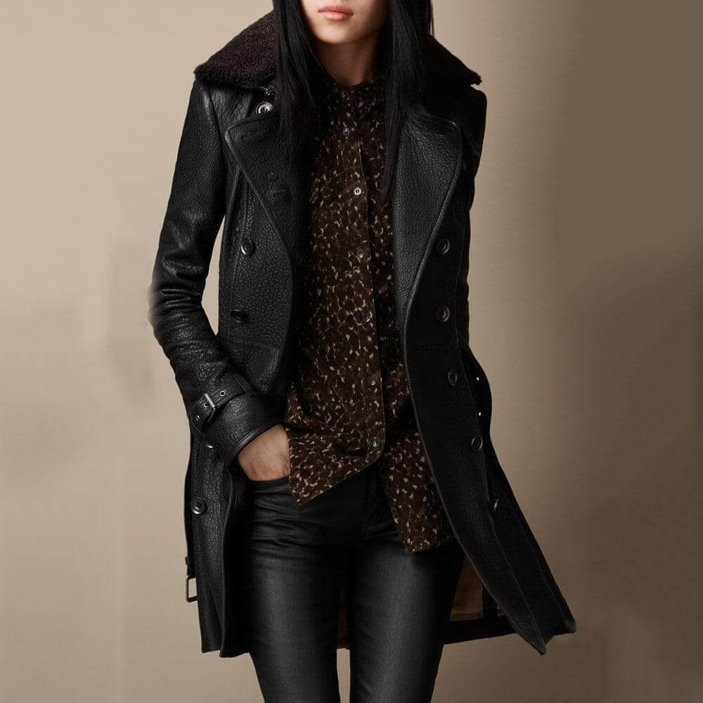 Dorothea | Women's Faux Leather Trench Coat with Shearling-Look Collar