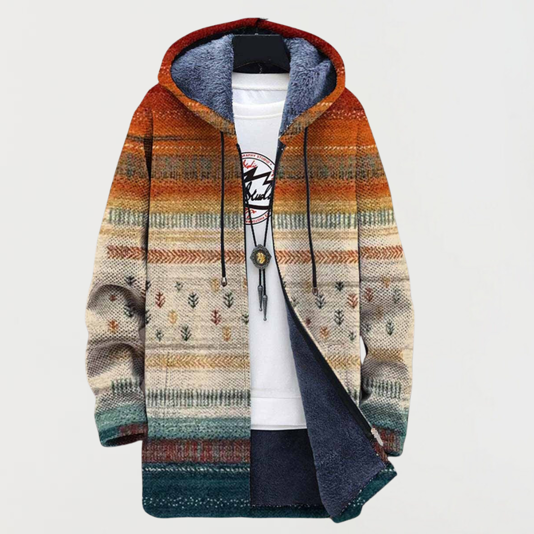 Everett | Men's Long Coat Aztec Print Hooded Fleece Lined