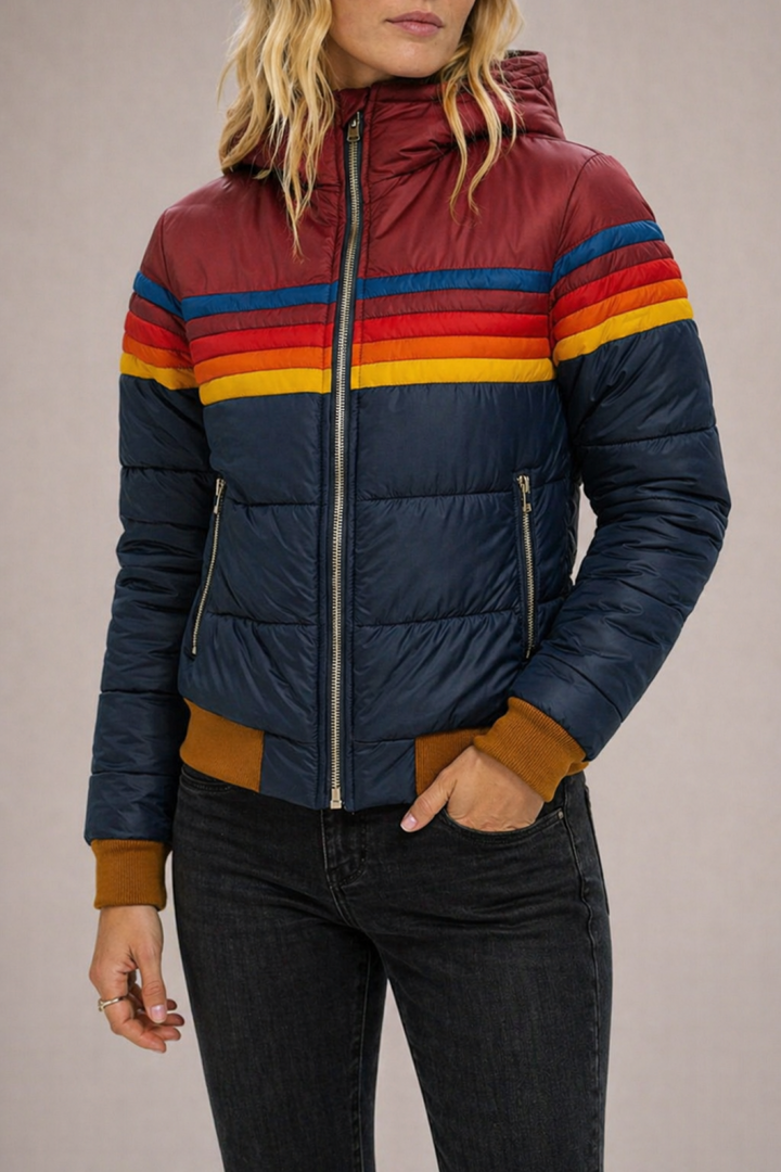Femke | Gewatteerde Jas met Capuchon Dames Retro Gestreept