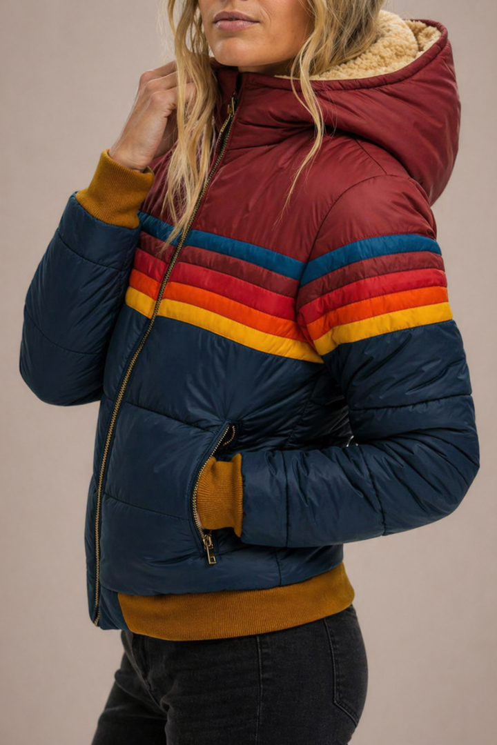 Femke | Gewatteerde Jas met Capuchon Dames Retro Gestreept