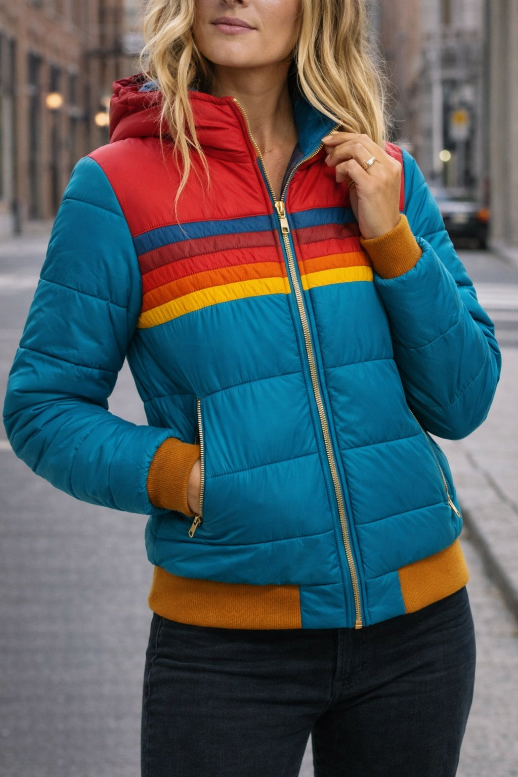 Femke | Gewatteerde Jas met Capuchon Dames Retro Gestreept
