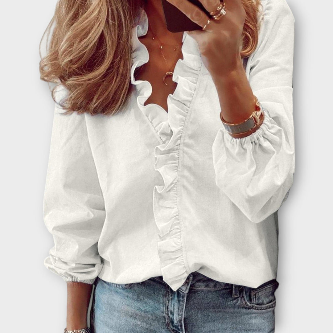 Fleur | Dames Lange Blouse met Volant en V-hals Lange Mouw
