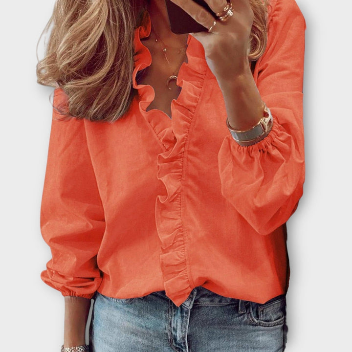 Fleur | Dames Lange Blouse met Volant en V-hals Lange Mouw