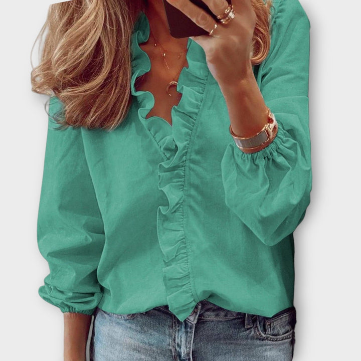 Fleur | Dames Lange Blouse met Volant en V-hals Lange Mouw