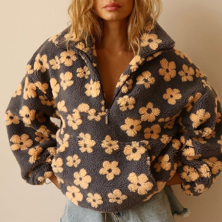 Fleur | Fleece Trui Dames Oversized Bloemenprint Quarter Zip