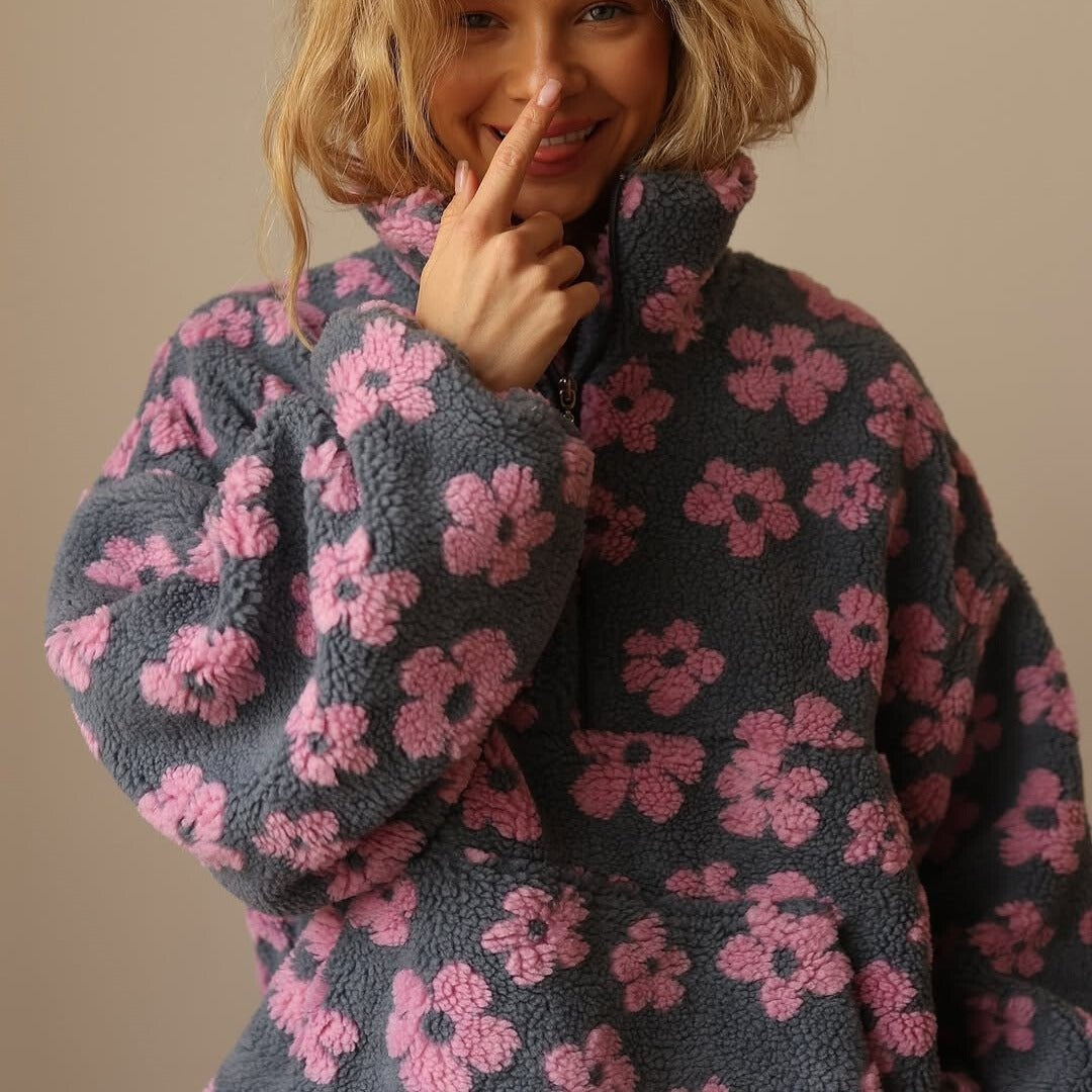 Fleur | Fleece Trui Dames Oversized Bloemenprint Quarter Zip