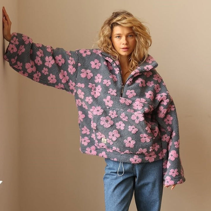 Fleur | Fleece Trui Dames Oversized Bloemenprint Quarter Zip