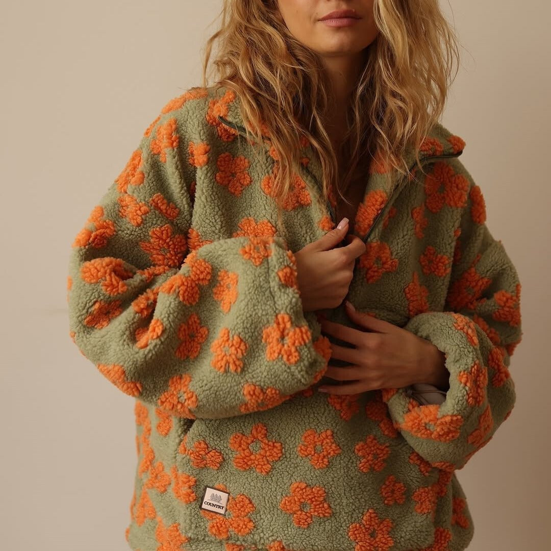 Fleur | Fleece Trui Dames Oversized Bloemenprint Quarter Zip