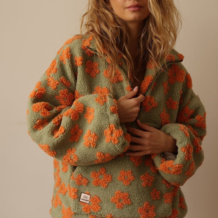Fleur | Fleece Trui Dames Oversized Bloemenprint Quarter Zip