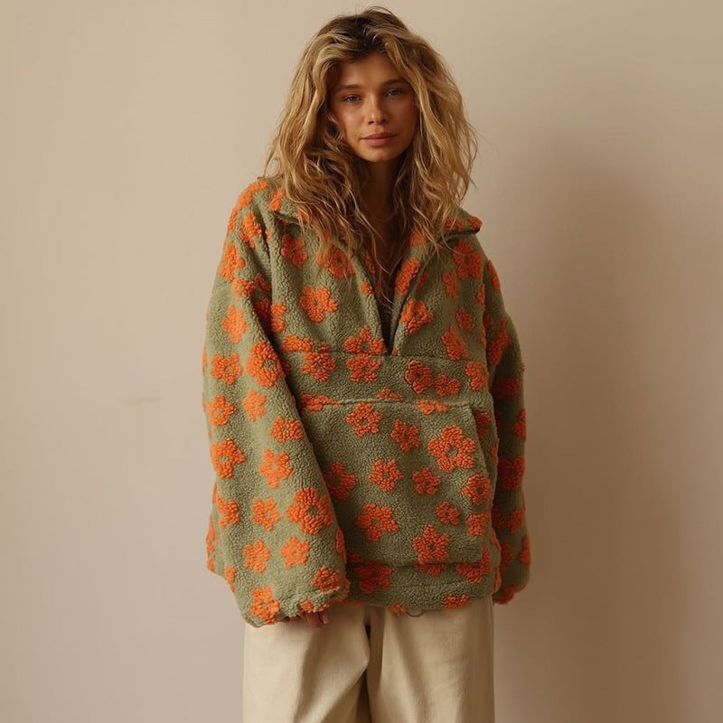 Fleur | Fleece Trui Dames Oversized Bloemenprint Quarter Zip