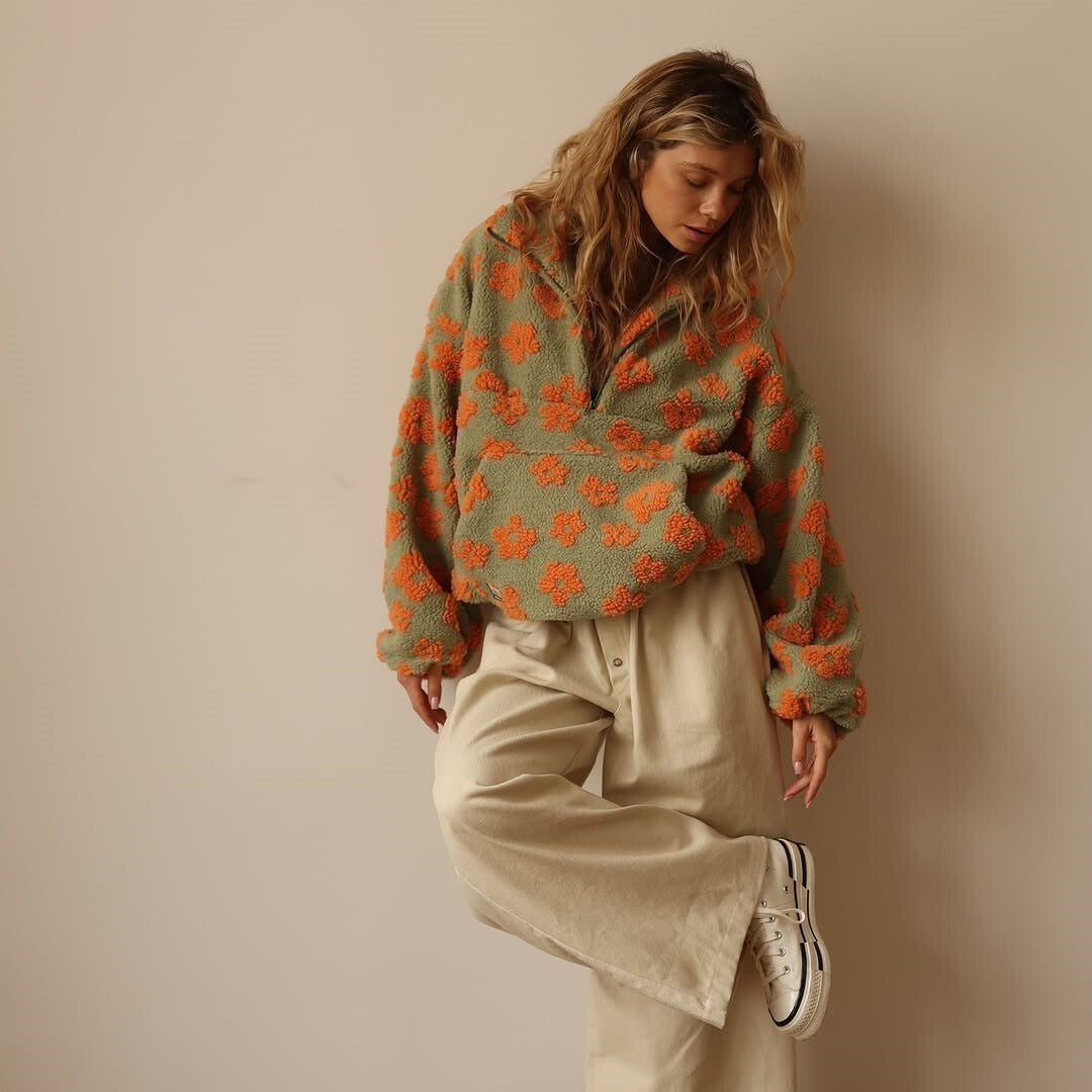 Fleur | Fleece Trui Dames Oversized Bloemenprint Quarter Zip