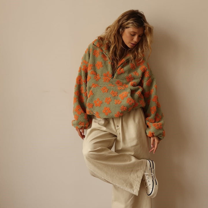Fleur | Fleece Trui Dames Oversized Bloemenprint Quarter Zip