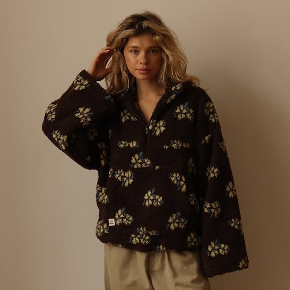 Fleur | Fleece Trui Dames Oversized Bloemenprint Quarter Zip