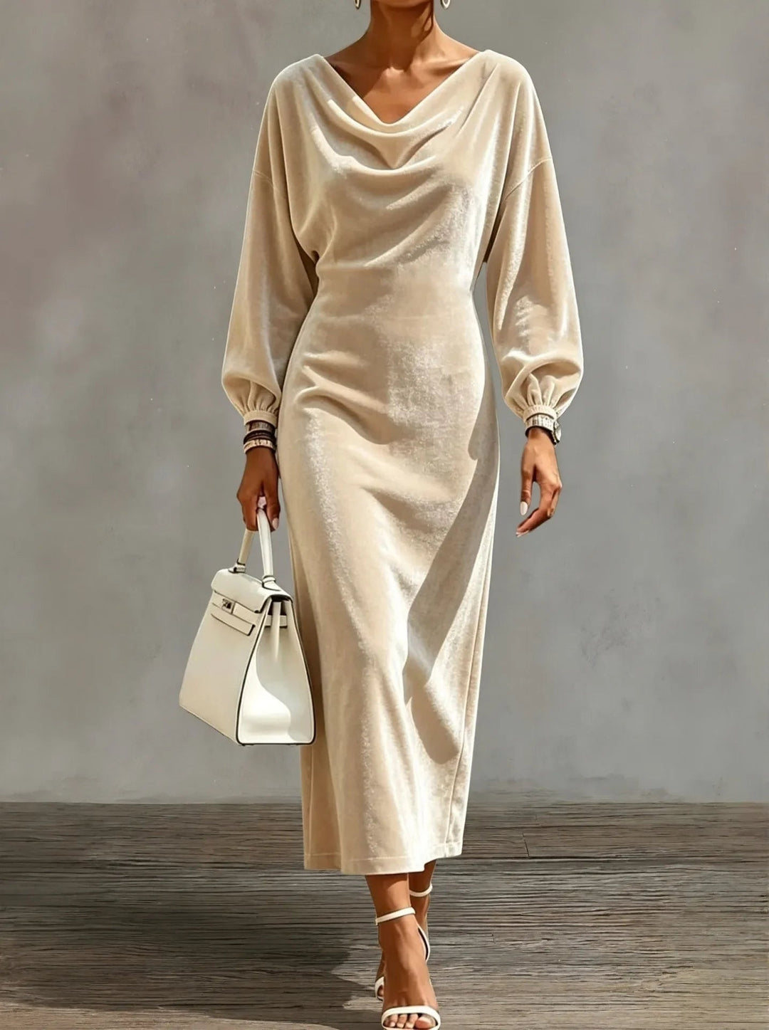 Florence | Women's Velvet Long Sleeve Dress with Cowl Neck