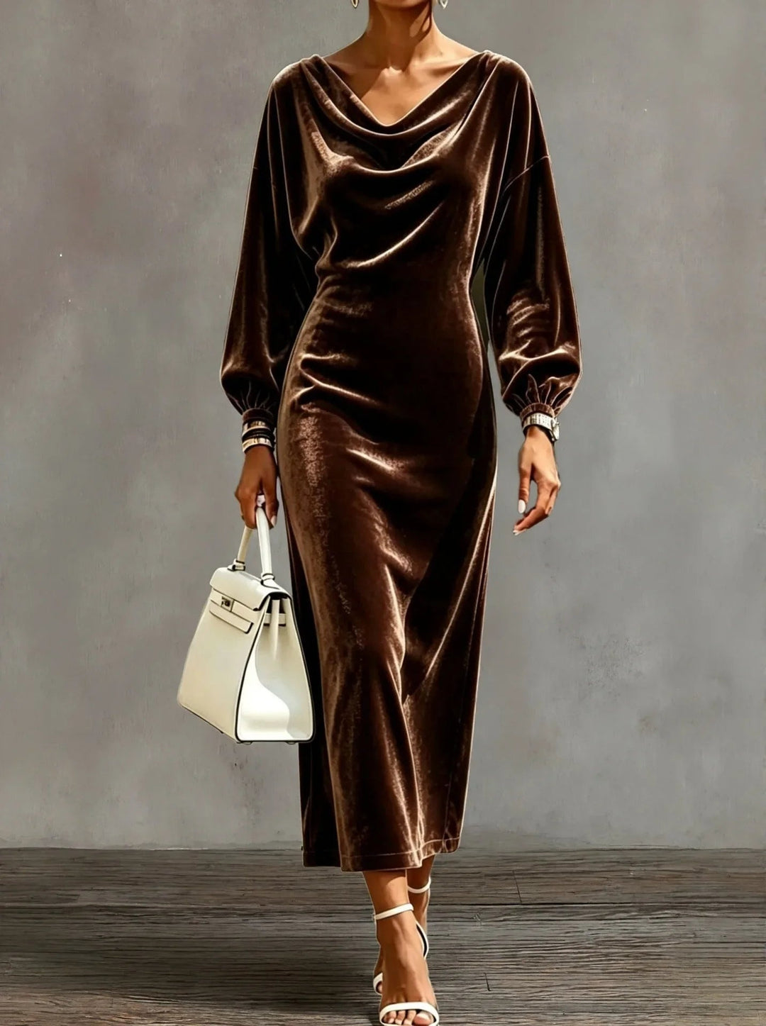 Florence | Women's Velvet Long Sleeve Dress with Cowl Neck