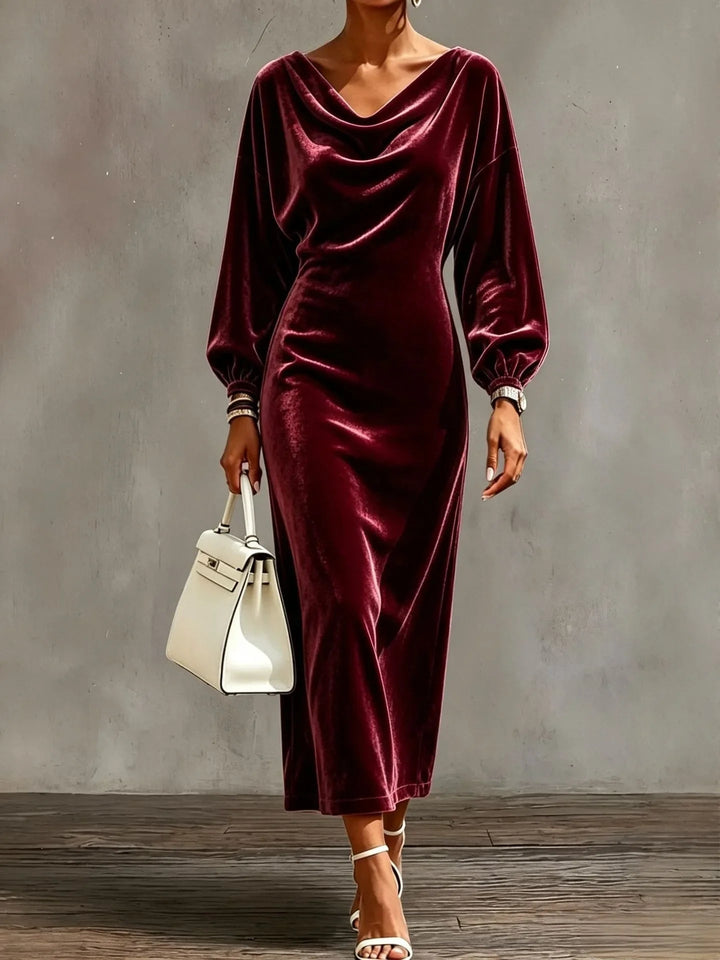 Florence | Women's Velvet Long Sleeve Dress with Cowl Neck