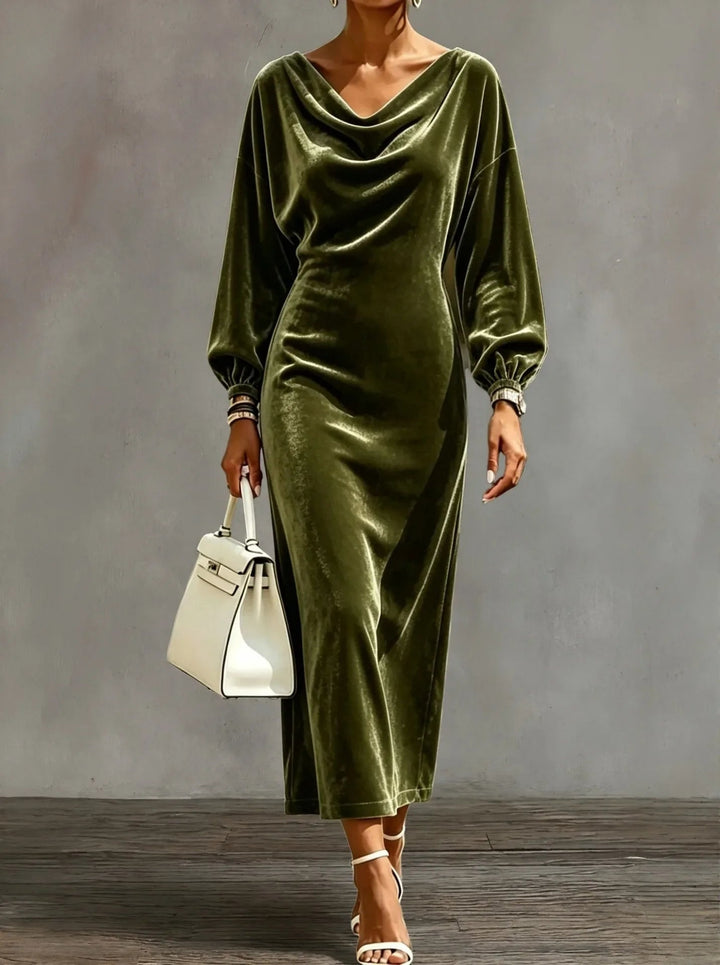 Florence | Women's Velvet Long Sleeve Dress with Cowl Neck