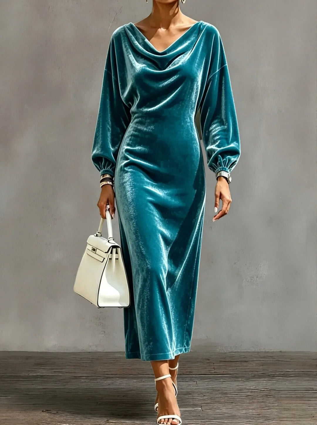 Florence | Women's Velvet Long Sleeve Dress with Cowl Neck