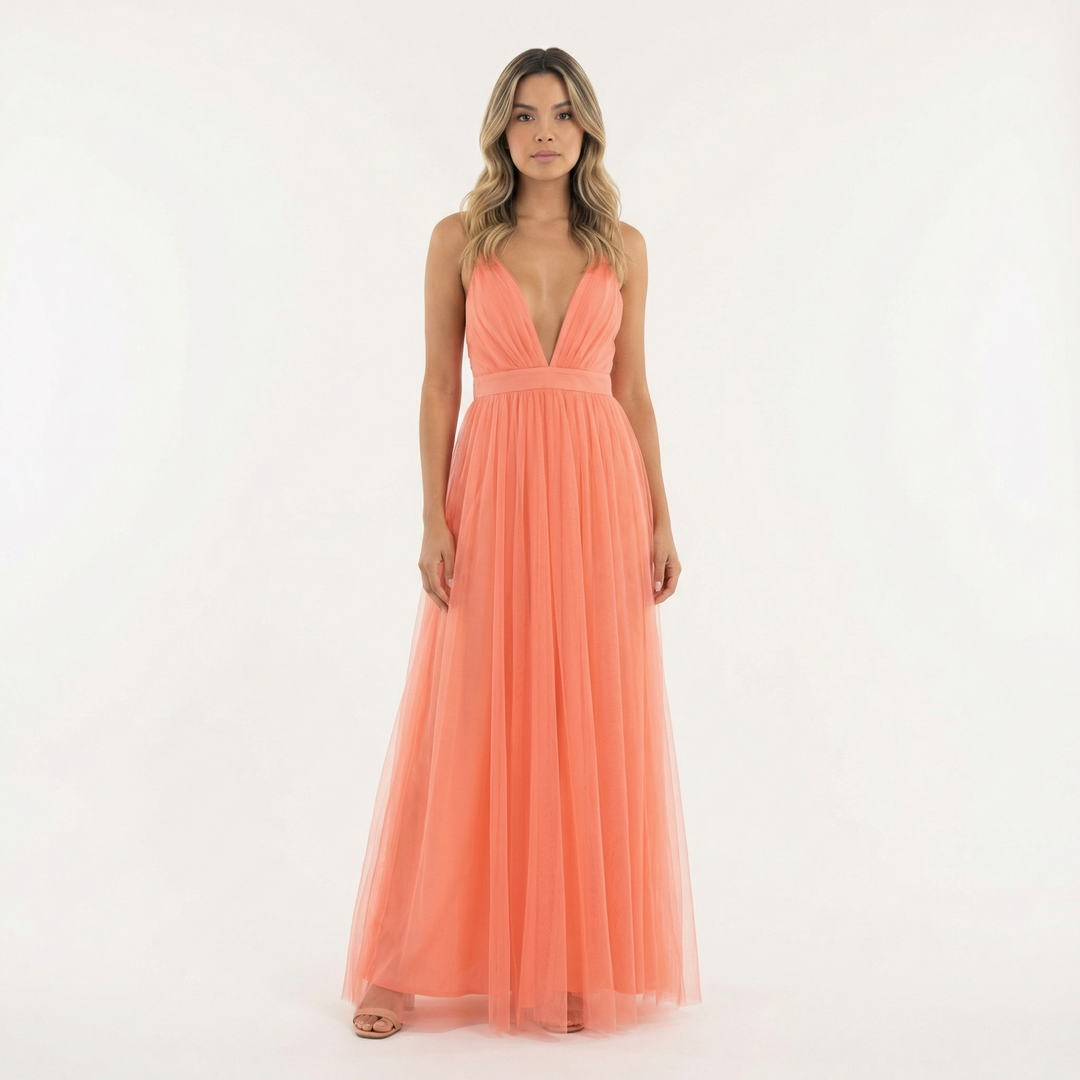 Genevieve | Women's Formal Tulle Maxi Dress with Plunging V-Neck