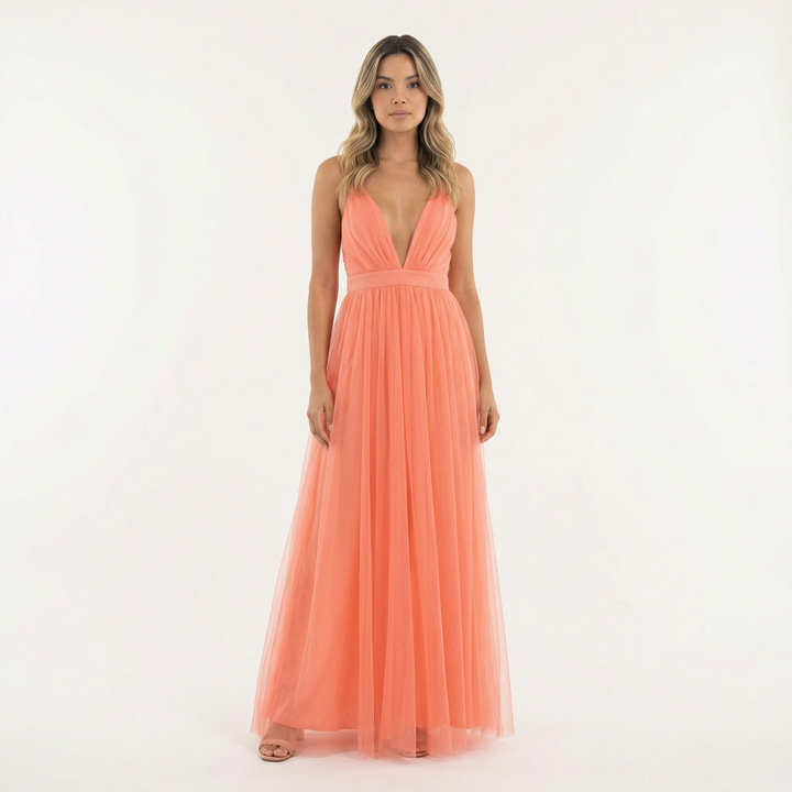 Genevieve | Women's Formal Tulle Maxi Dress with Plunging V-Neck