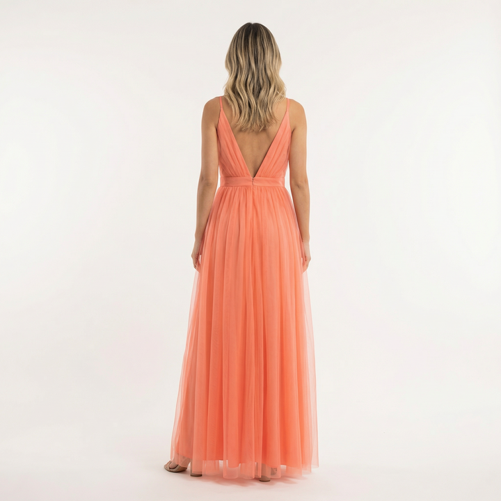 Genevieve | Women's Formal Tulle Maxi Dress with Plunging V-Neck