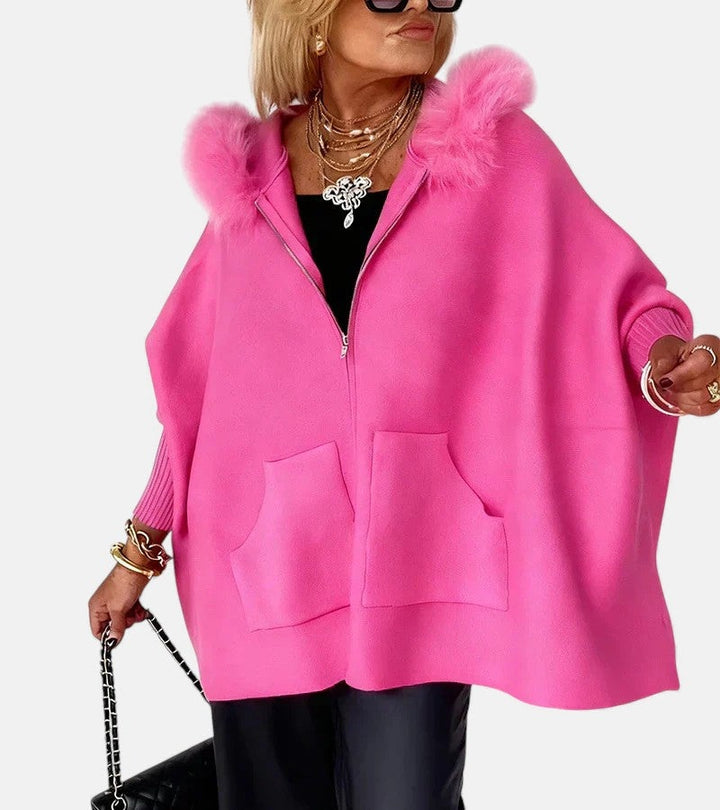 Genevieve | Women's Zipper Sweatshirt Cardigan with Fur Trim Hood