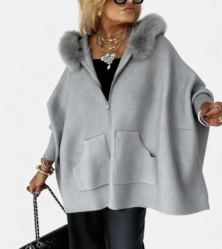 Genevieve | Women's Zipper Sweatshirt Cardigan with Fur Trim Hood