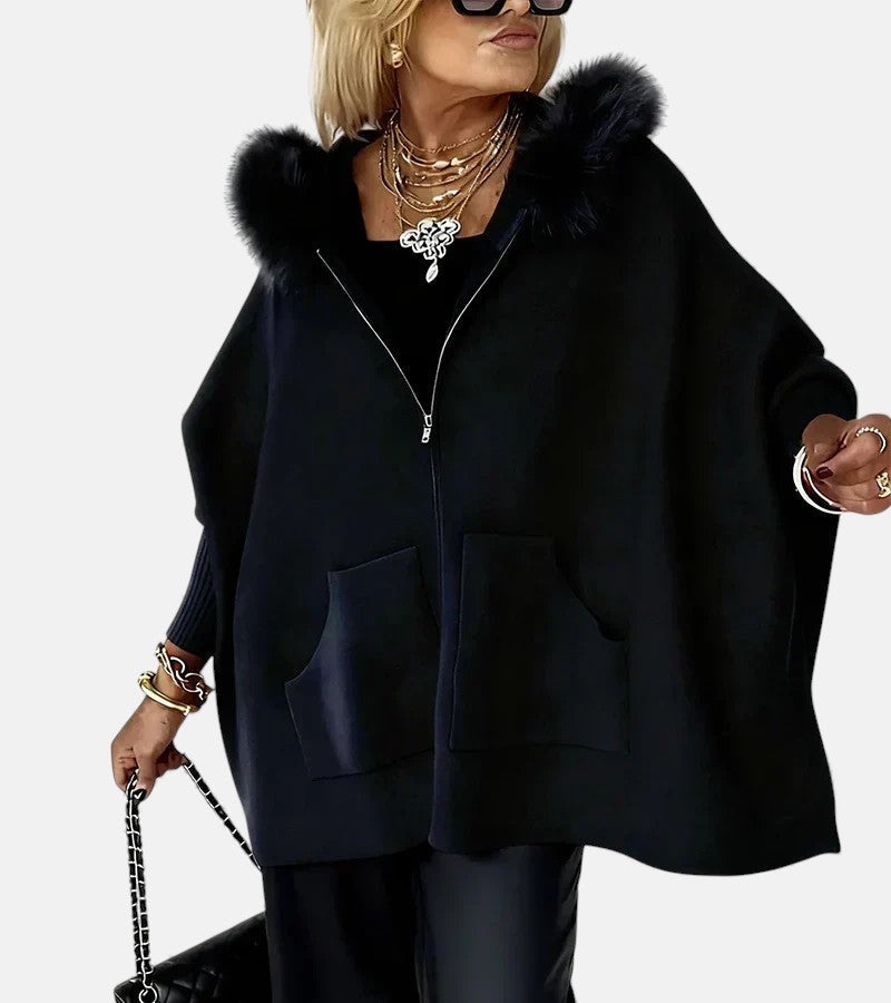 Genevieve | Women's Zipper Sweatshirt Cardigan with Fur Trim Hood