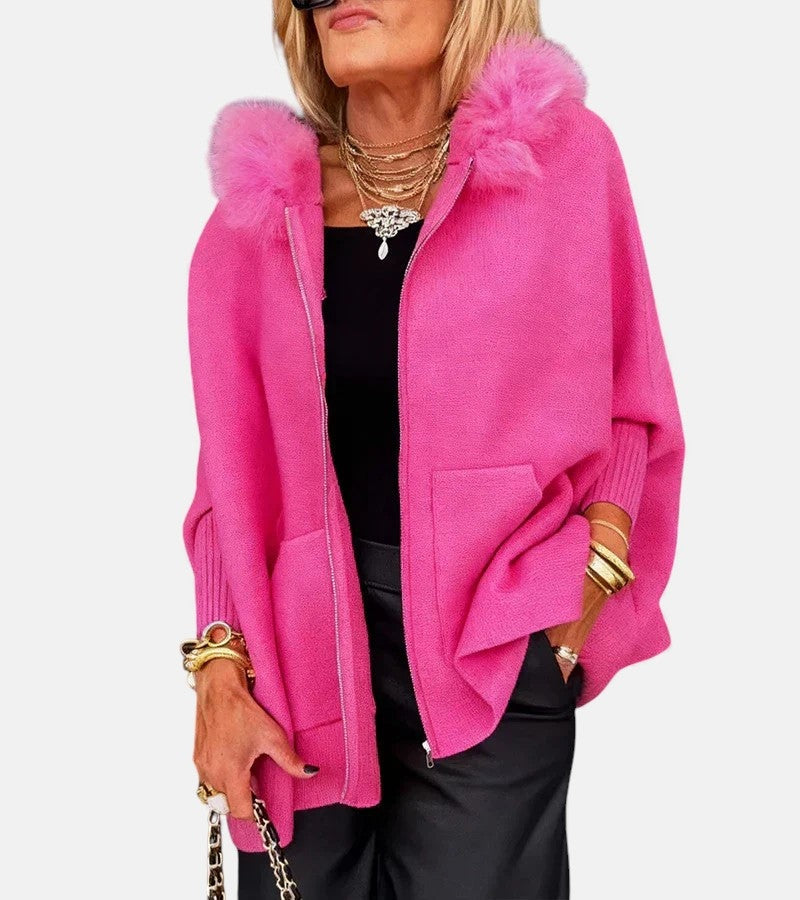Genevieve | Women's Zipper Sweatshirt Cardigan with Fur Trim Hood