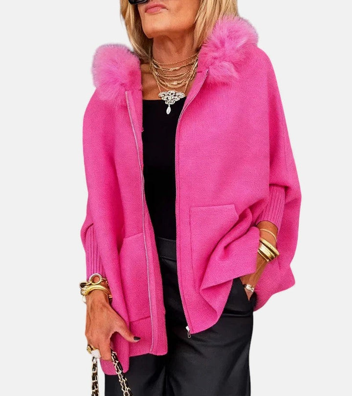Genevieve | Women's Zipper Sweatshirt Cardigan with Fur Trim Hood