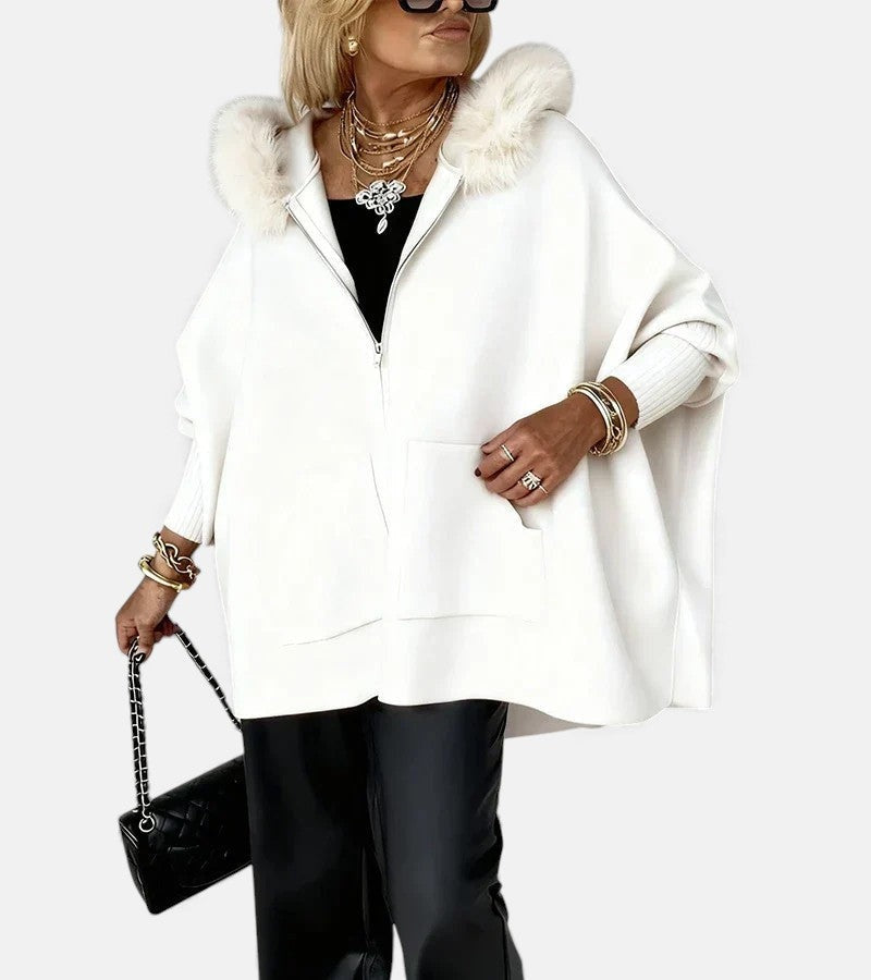 Genevieve | Women's Zipper Sweatshirt Cardigan with Fur Trim Hood