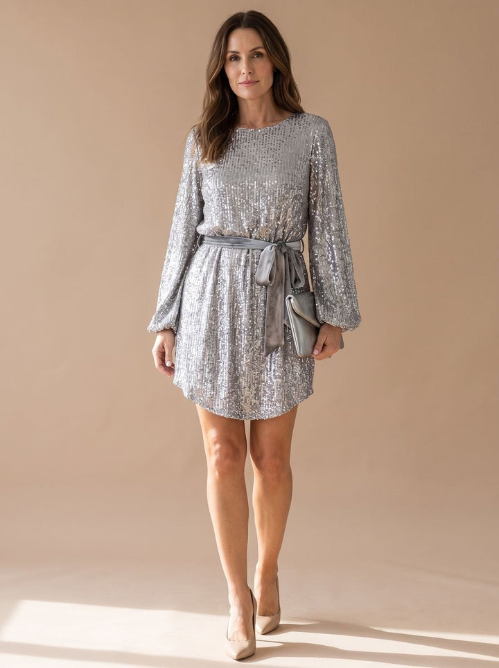 Gwendolyn | Women's Sequin Long Sleeve Mini Cocktail Dress with Belt