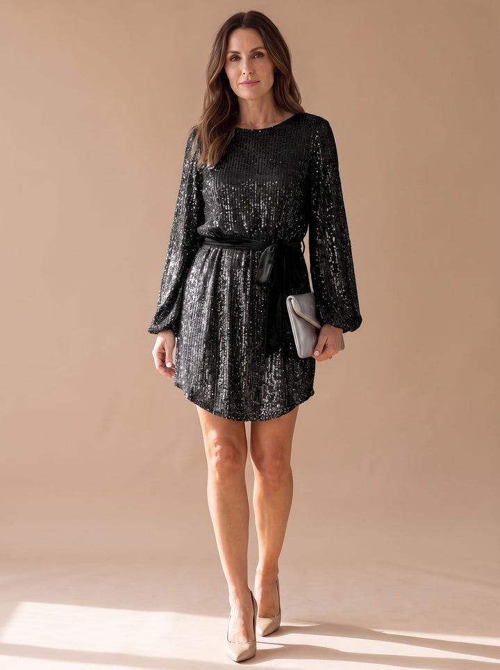 Gwendolyn | Women's Sequin Long Sleeve Mini Cocktail Dress with Belt