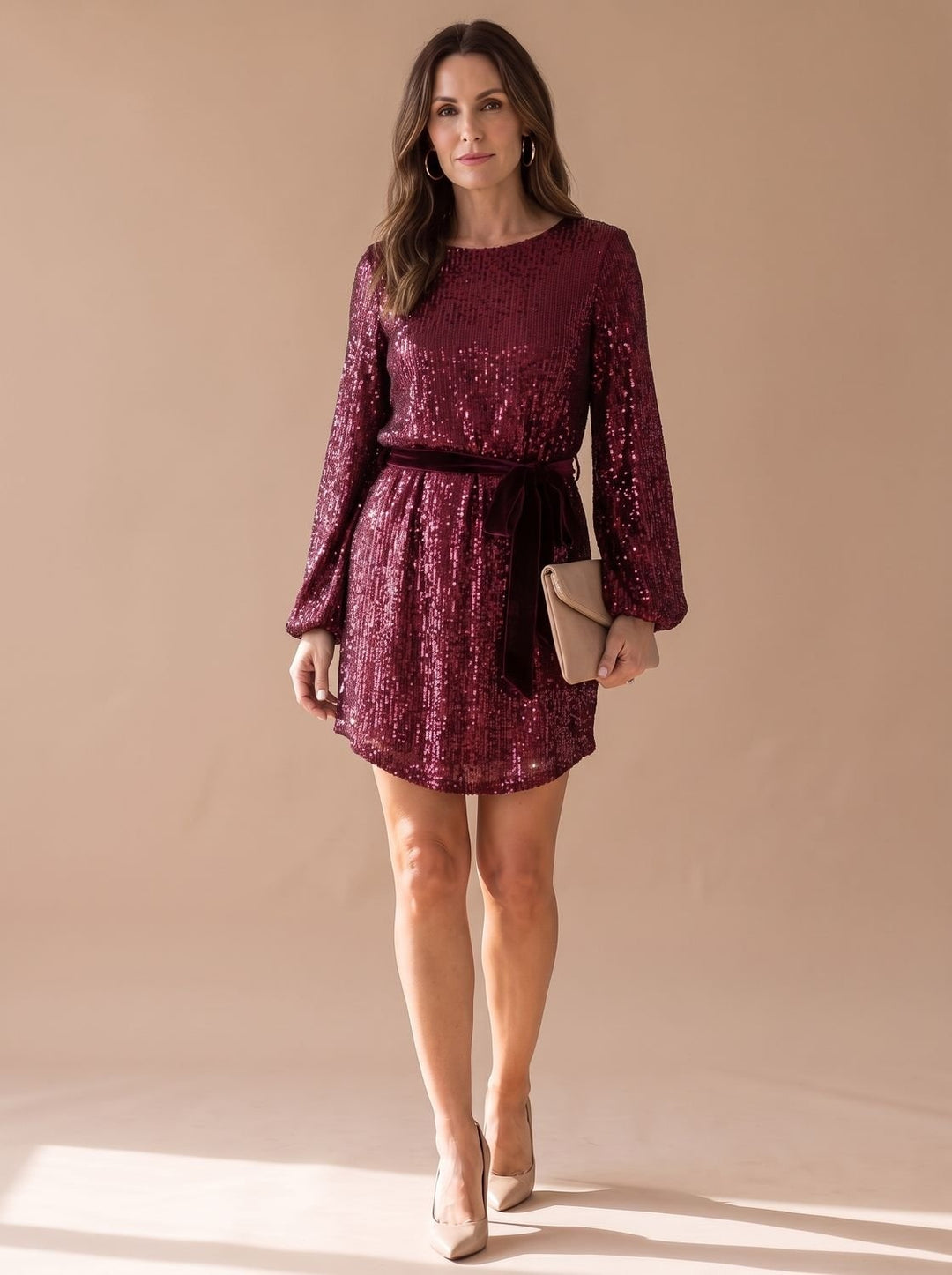 Gwendolyn | Women's Sequin Long Sleeve Mini Cocktail Dress with Belt