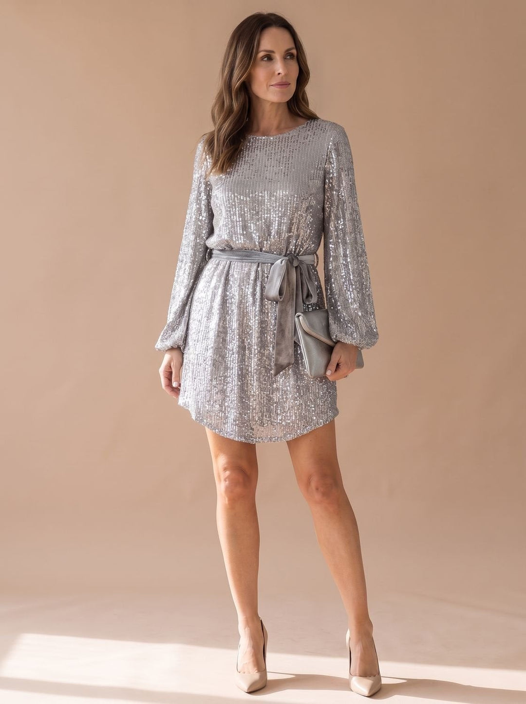 Gwendolyn | Women's Sequin Long Sleeve Mini Cocktail Dress with Belt