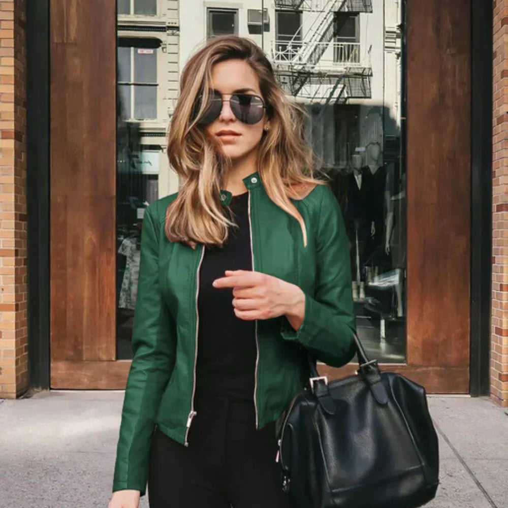 Harriet | Women's Faux Leather Moto Jacket Zip Up Stand Collar