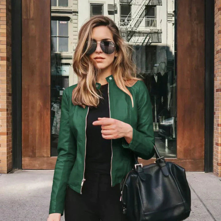 Harriet | Women's Faux Leather Moto Jacket Zip Up Stand Collar