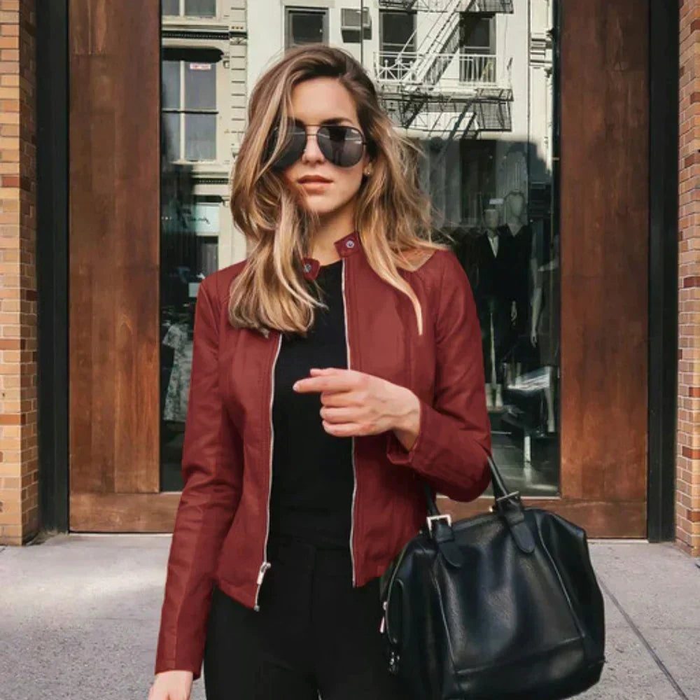 Harriet | Women's Faux Leather Moto Jacket Zip Up Stand Collar