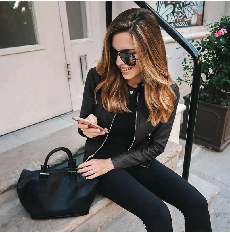 Harriet | Women's Faux Leather Moto Jacket Zip Up Stand Collar