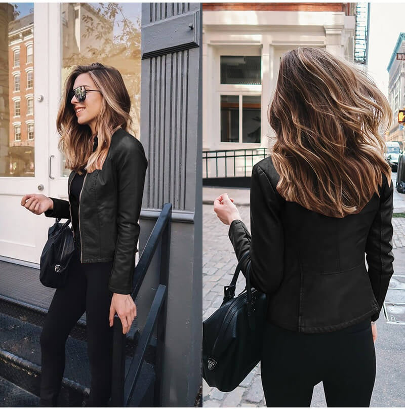 Harriet | Women's Faux Leather Moto Jacket Zip Up Stand Collar