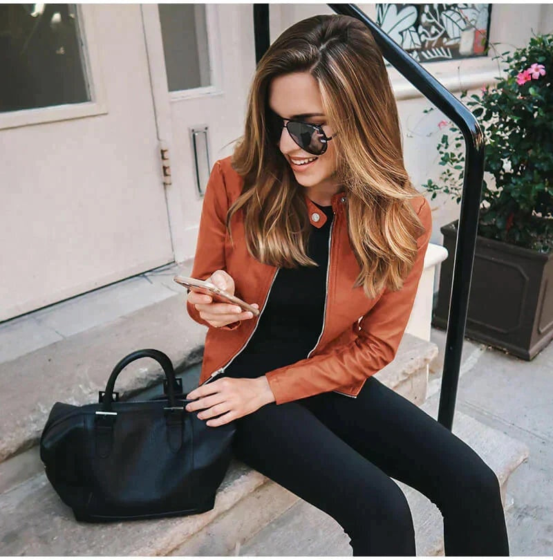 Harriet | Women's Faux Leather Moto Jacket Zip Up Stand Collar