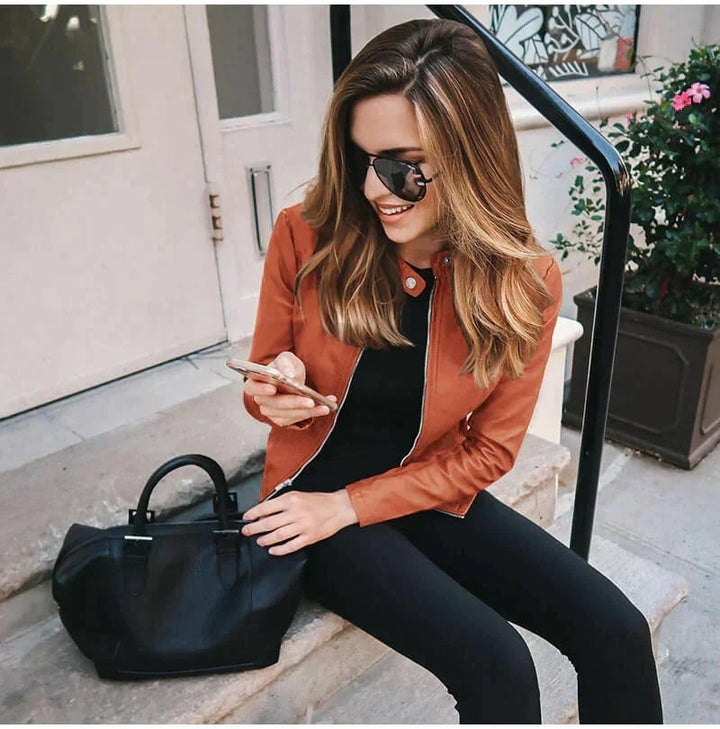 Harriet | Women's Faux Leather Moto Jacket Zip Up Stand Collar