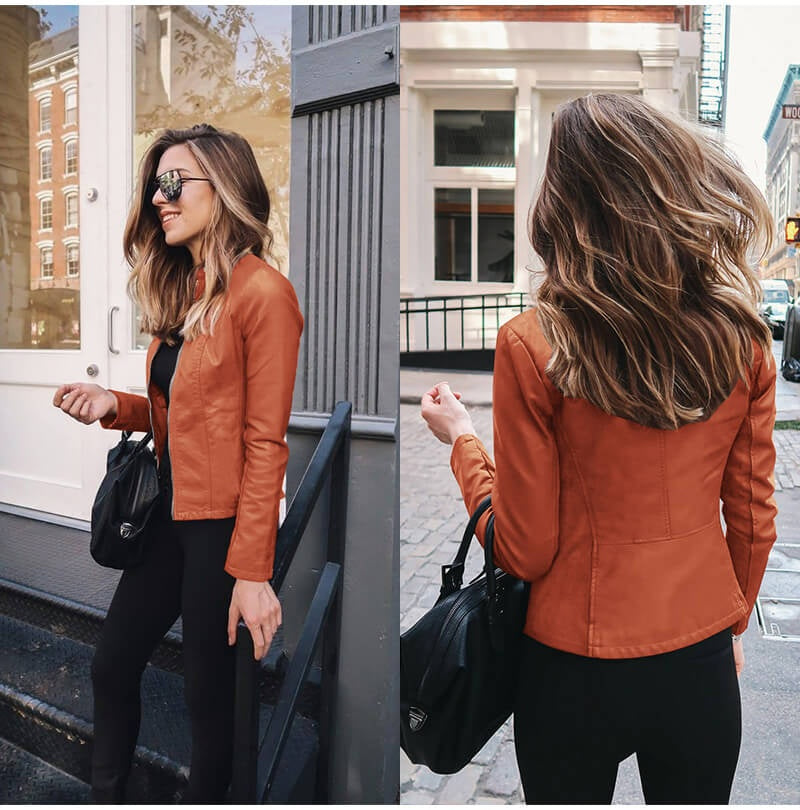 Harriet | Women's Faux Leather Moto Jacket Zip Up Stand Collar