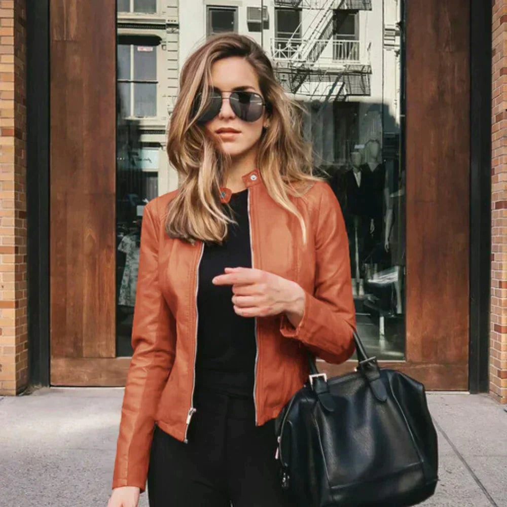 Harriet | Women's Faux Leather Moto Jacket Zip Up Stand Collar