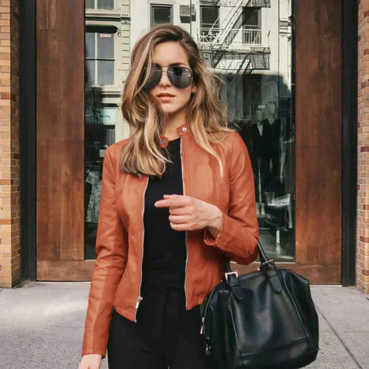 Harriet | Women's Faux Leather Moto Jacket Zip Up Stand Collar