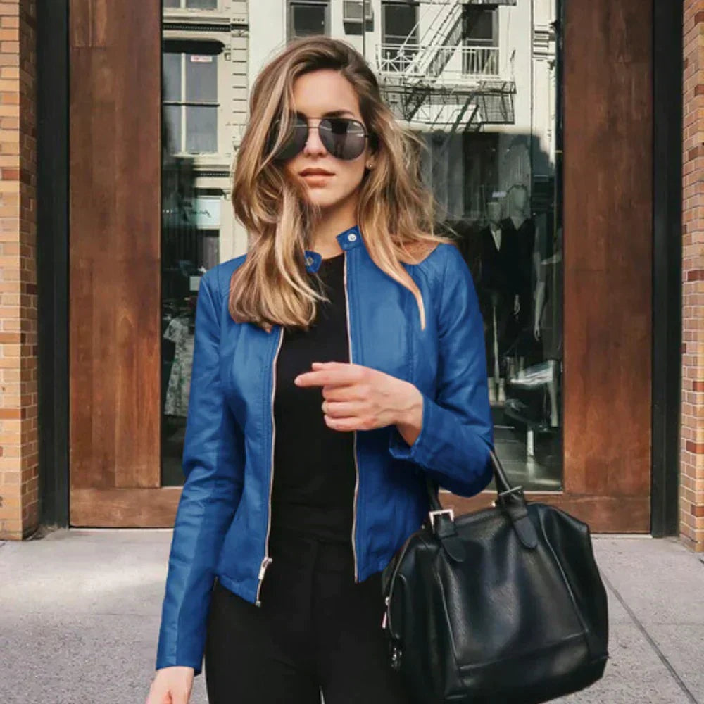 Harriet | Women's Faux Leather Moto Jacket Zip Up Stand Collar
