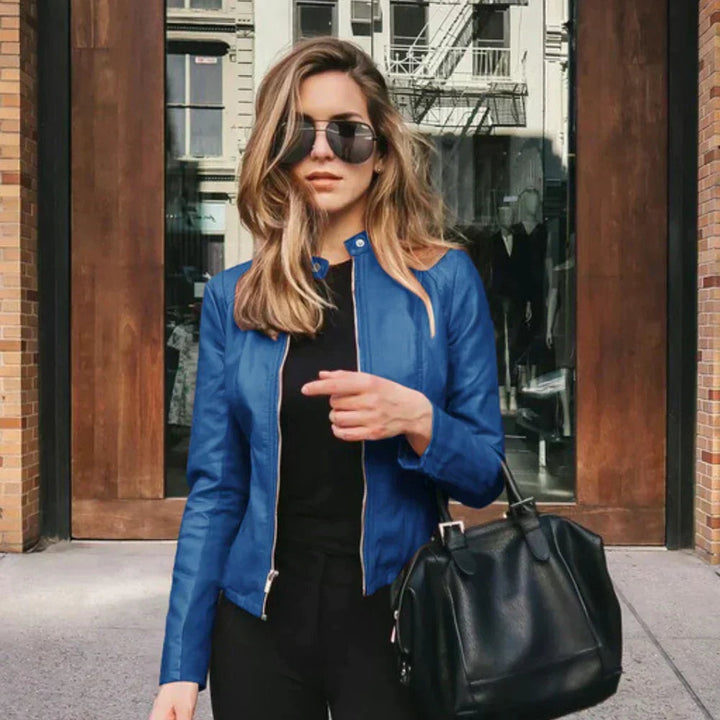 Harriet | Women's Faux Leather Moto Jacket Zip Up Stand Collar