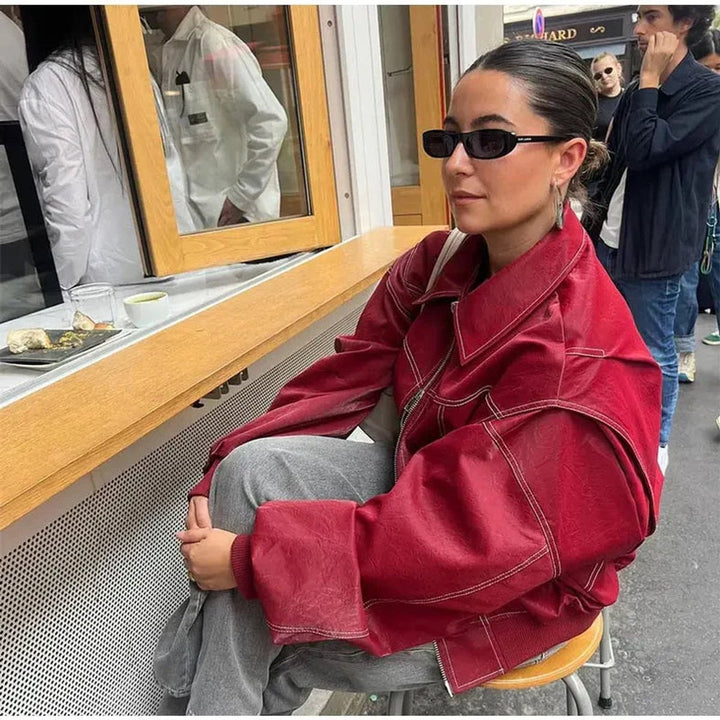 Harriet | Women's Oversized Faux Leather Zip Up Bomber Jacket