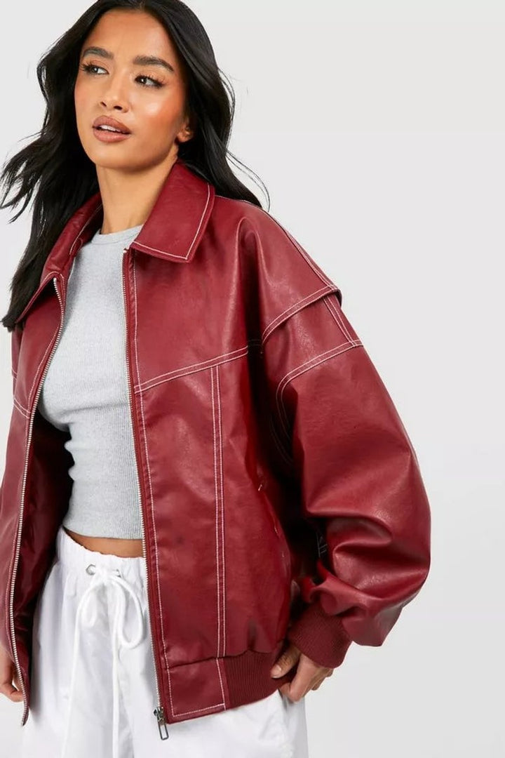 Harriet | Women's Oversized Faux Leather Zip Up Bomber Jacket