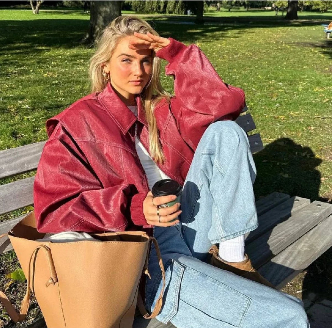 Harriet | Women's Oversized Faux Leather Zip Up Bomber Jacket